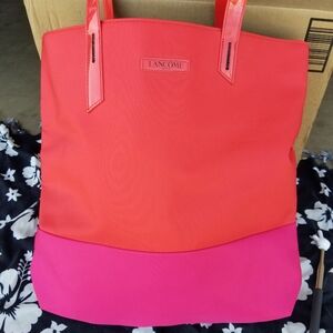Lancome Makeup Orange and Pink Lined Large Canvas Tote Bag